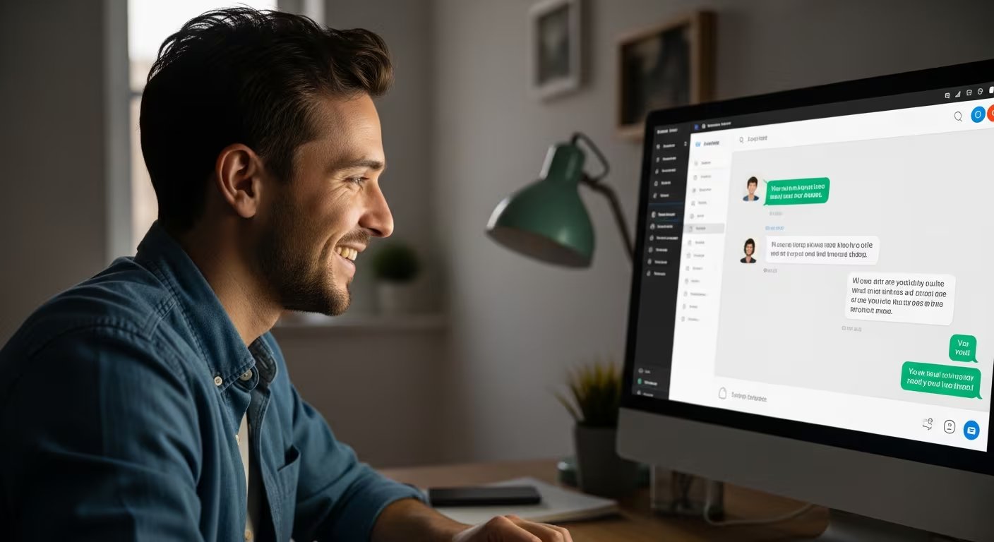 Un hombre joven sonríe mientras chatea con una inteligencia artificial en su monitor de computadora, mostrando una experiencia de usuario positiva. (Imagen Ilustrativa Infobae)