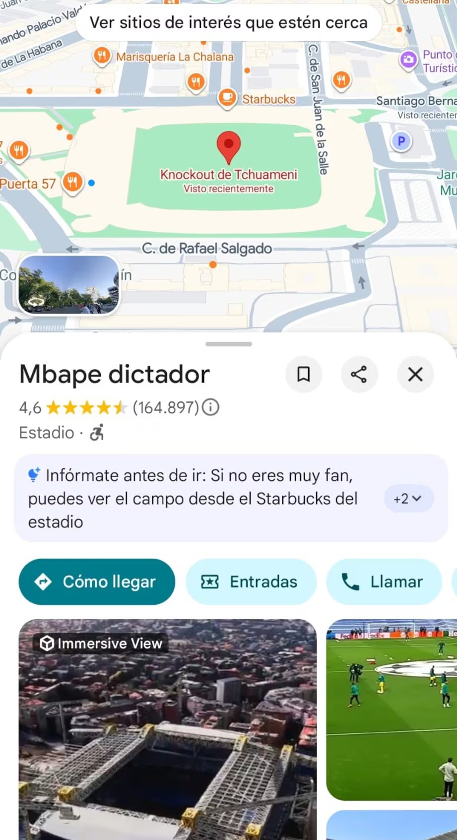 Una captura de pantalla de Google Maps en el Estadio Santiago Bernabéu