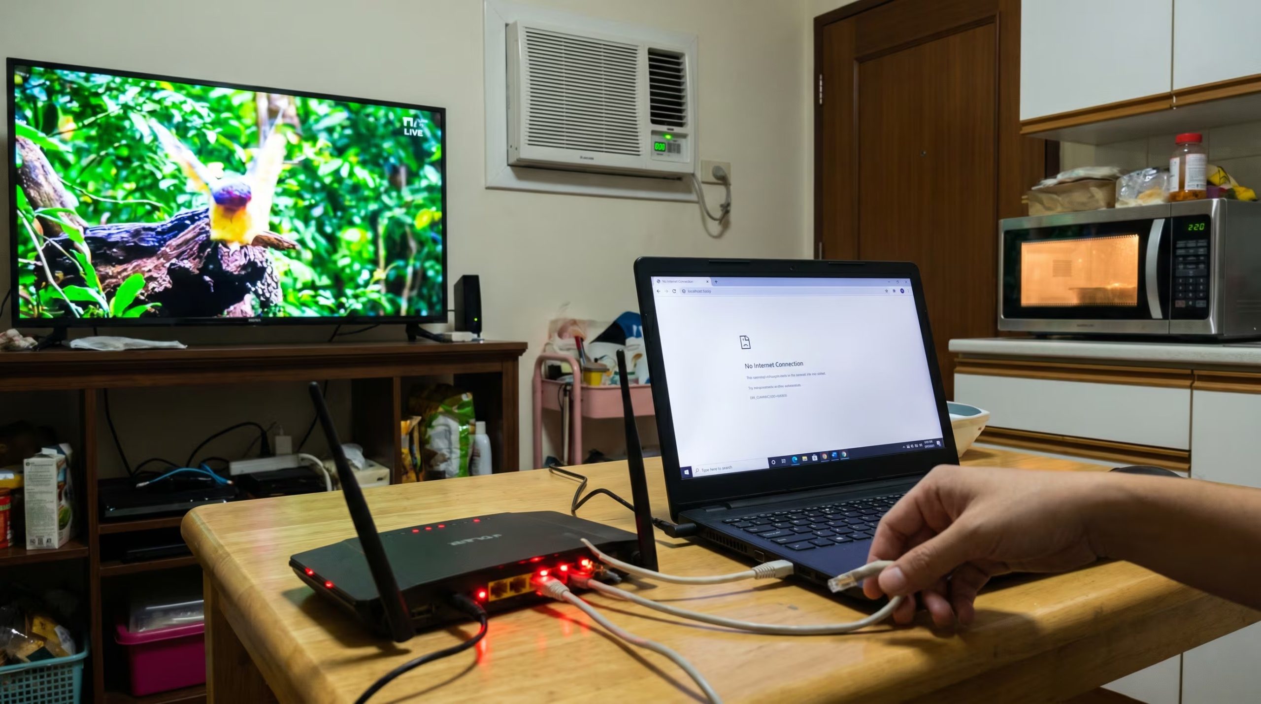 Una persona intenta resolver una falla de conexión a internet en un router y una laptop, mientras un televisor, aire acondicionado y microondas operan normalmente en segundo plano. (Imagen Ilustrativa Infobae)