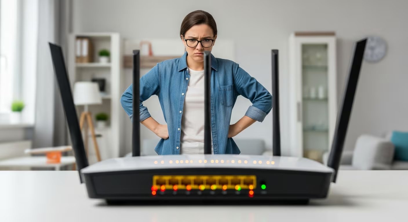 Una mujer con expresión de frustración observa un router inalámbrico en su hogar, reflejando las dificultades comunes con la conexión a Internet. Las interrupciones del servicio pueden generar estrés y afectar la productividad diaria en entornos domésticos. (Imagen Ilustrativa Infobae)