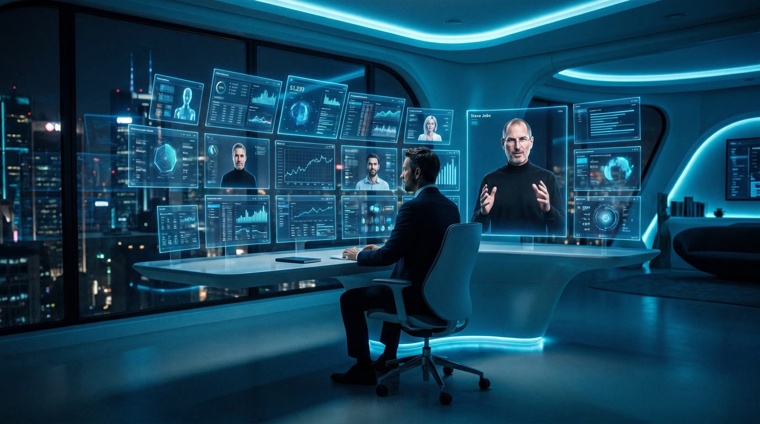 Un empresario moderno trabaja en una oficina futurista, interactuando con 17 asistentes de inteligencia artificial activos, incluyendo un avatar digital inspirado en Steve Jobs. (Imagen Ilustrativa Infobae)