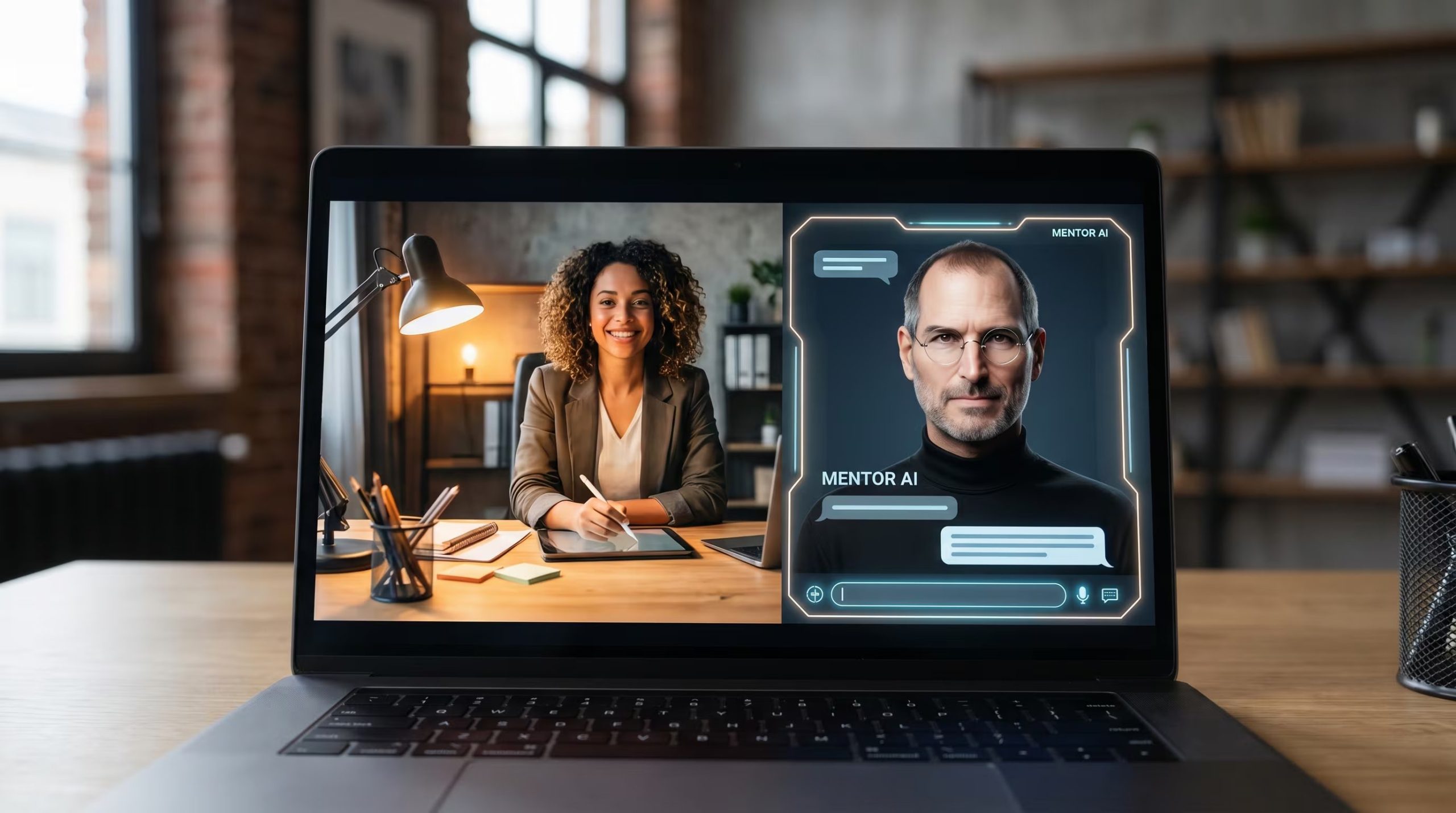 Una empresaria sonriente participa en una videollamada con un mentor virtual de IA, inspirado en Steve Jobs, en su escritorio moderno con un ambiente de startup tecnológica. (Imagen Ilustrativa Infobae)