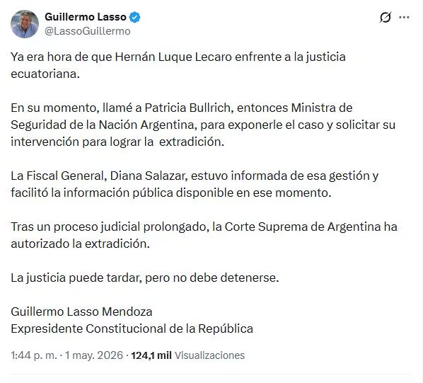 El expresidente Guillermo Lasso celebra en redes sociales la extradición de Hernán Luque Lecaro desde Argentina, destacando sus gestiones con Patricia Bullrich y la fiscal Diana Salazar. ((X: Guillermo Lasso))