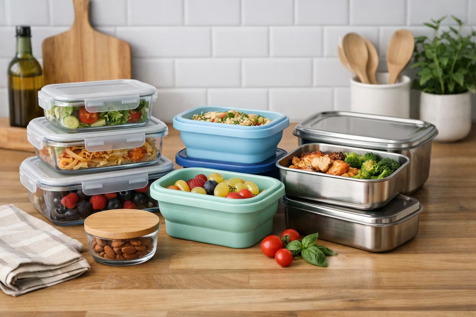 Una variedad de tuppers de vidrio, silicona y acero inoxidable, llenos de ensaladas, pasta, frutas y otros alimentos, organizados sobre una encimera de cocina. (Imagen Ilustrativa Infobae)