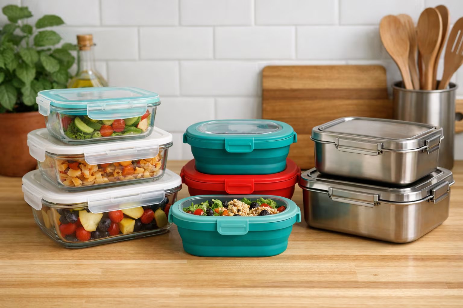 Diversos tuppers de vidrio, silicona y acero inoxidable llenos de comida fresca están ordenados sobre una encimera de cocina, promoviendo la preparación de comidas y un estilo de vida sostenible. (Imagen Ilustrativa Infobae)