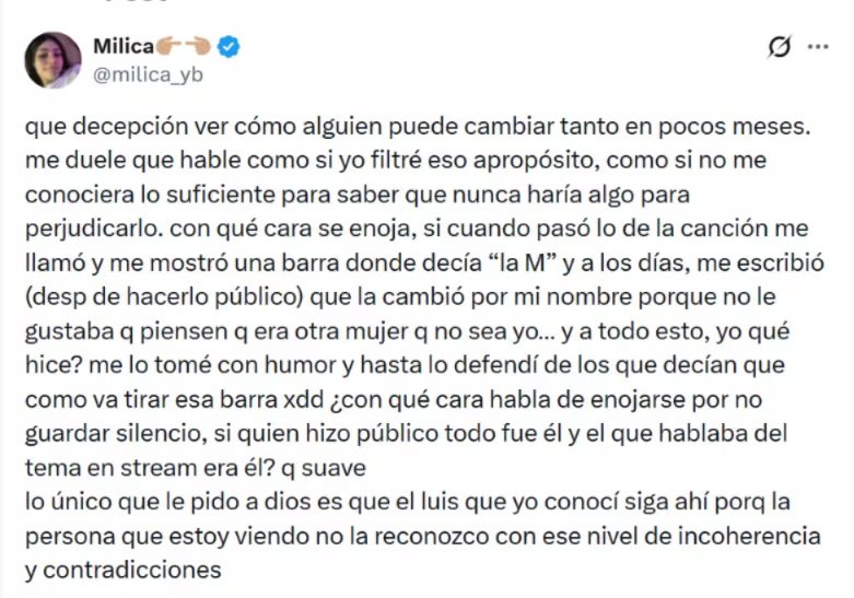 Milica le respondió a Westcol con un contundente mensaje en redes sociales - crédito @milica_yb/ X