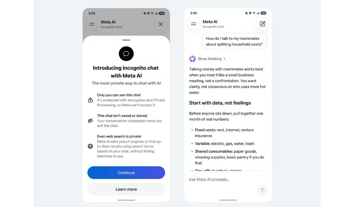 Al activar este modo, las conversaciones con la IA son privadas y no se guardan en los servidores de Meta. (WhatsApp)