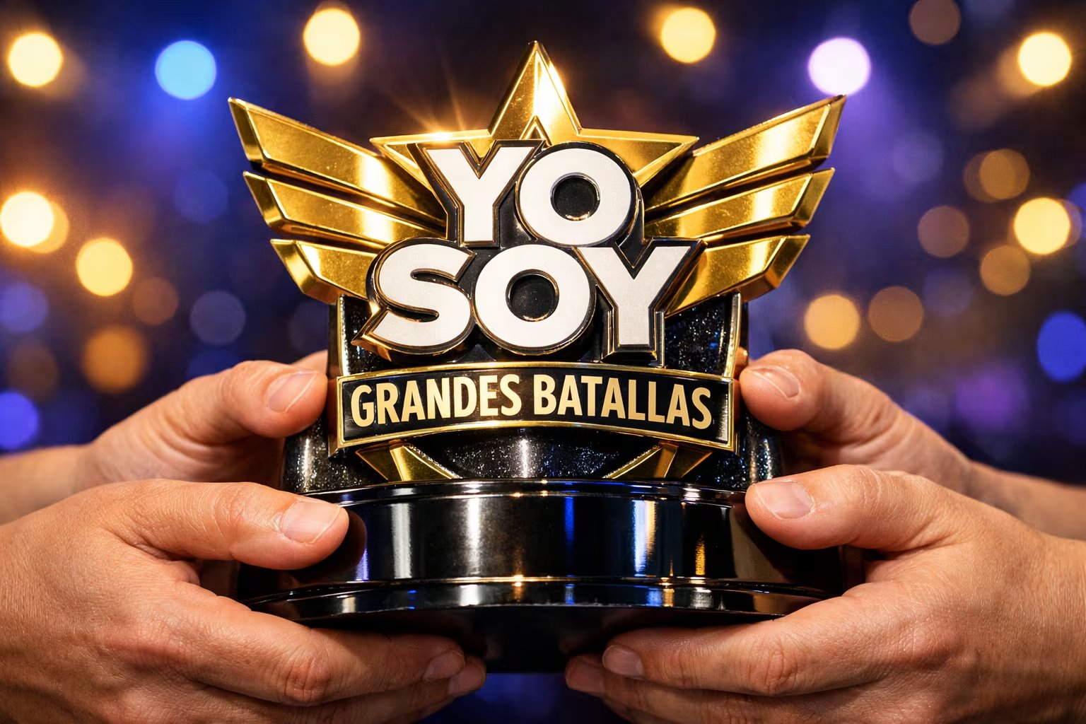 El codiciado trofeo de 'Yo Soy Grandes Batallas', con su diseño dorado y letras blancas, es sostenido por dos pares de manos anónimas, simbolizando la victoria en el escenario iluminado por luces de fondo azules y doradas. (Imagen Ilustrativa Infobae)