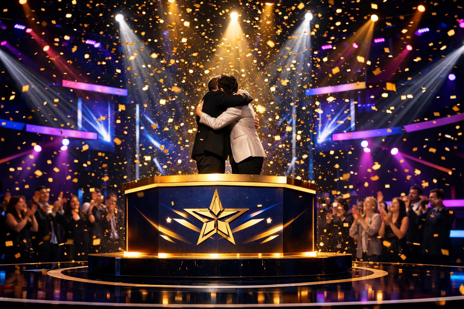 Dos figuras genéricas se abrazan emocionadas bajo una lluvia de confeti dorado en el escenario de la gala final de 