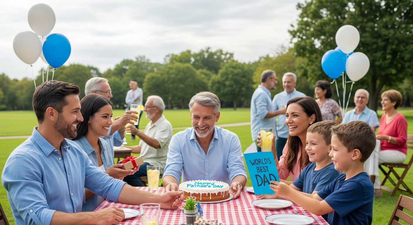 Una familia multigeneracional se reúne en un parque para festejar el Día del Padre con un pastel, regalos y bebidas, compartiendo risas y momentos felices. (Imagen Ilustrativa Infobae)