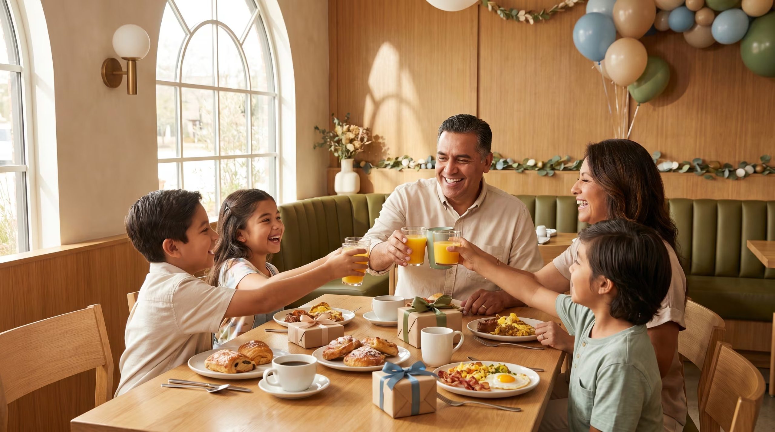 Una familia mexicana brinda con jugos de naranja y sonríe felizmente mientras celebra el Día del Padre en un luminoso restaurante moderno, con regalos envueltos y platos de desayuno en la mesa. (Imagen Ilustrativa Infobae)