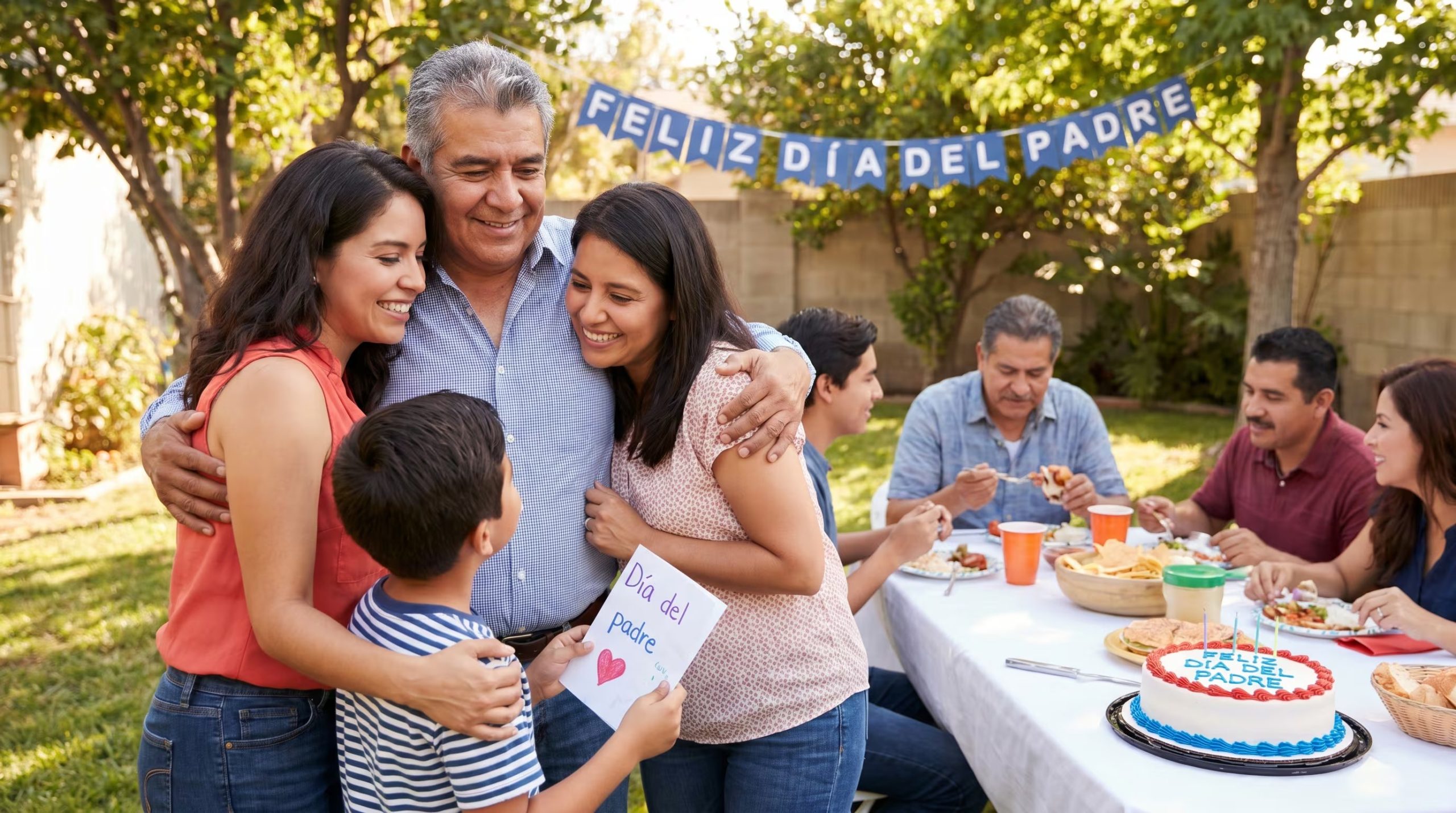 Una familia hispana se reúne en un jardín para celebrar el Día del Padre con abrazos, un regalo hecho a mano y una comida festiva, rodeados de risas y cariño. (Imagen Ilustrativa Infobae)