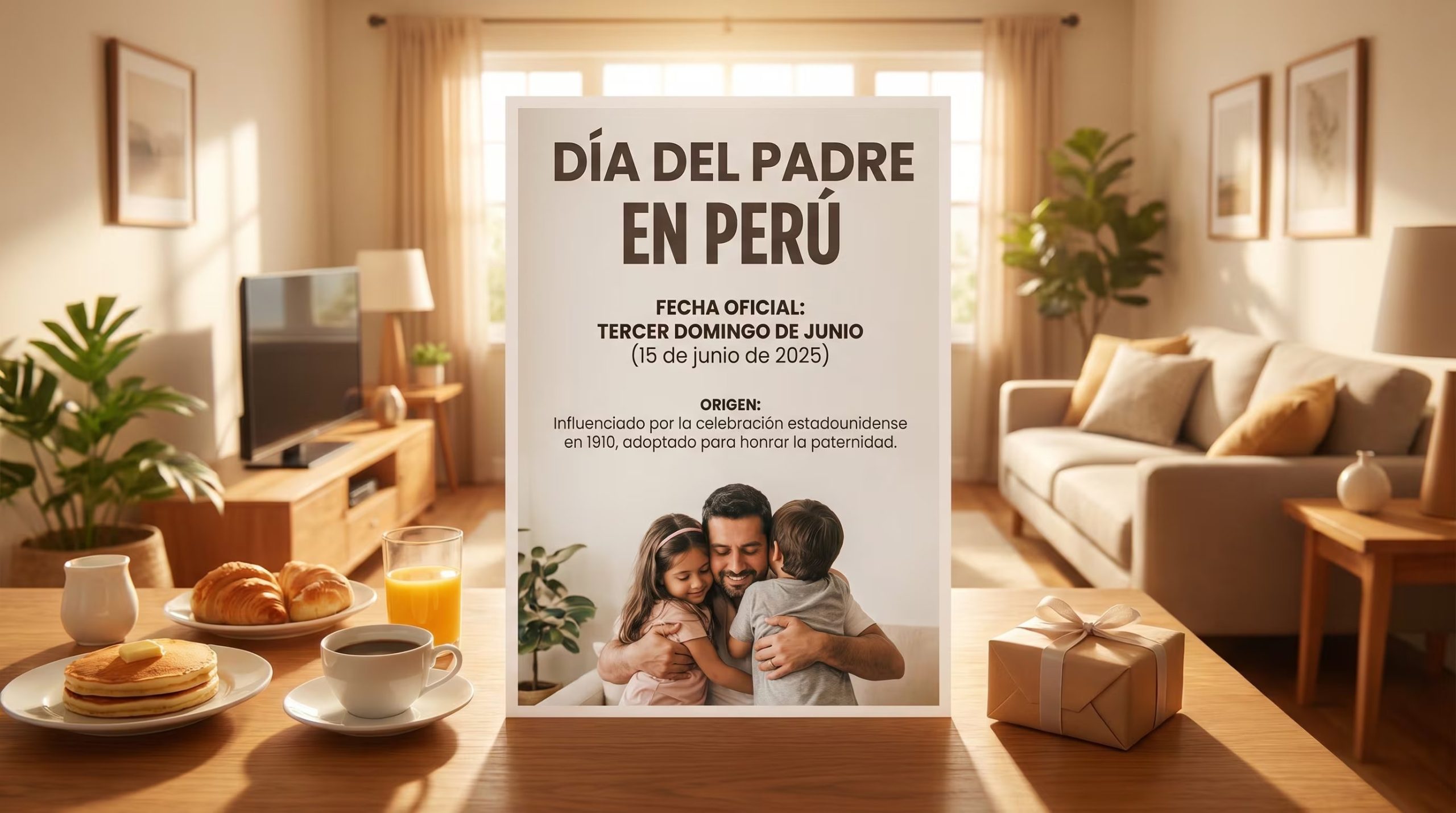 Un poster informativo sobre el Día del Padre en Perú, mostrando la fecha oficial y su origen, se presenta en un ambiente hogareño con un desayuno y un regalo listos para la celebración. (Imagen Ilustrativa Infobae)