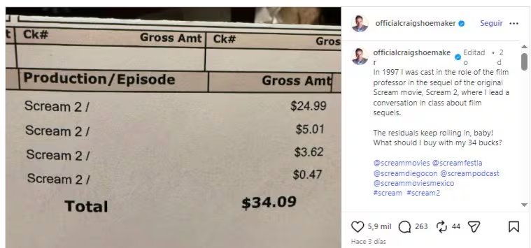 Su publicación en Instagram buscó ironizar sobre la baja cifra que aún recibe por el filme.(IMDb)