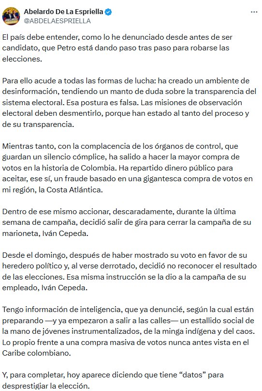 Abelardo de la Espriella denunció supuesto plan de Gustavo Petro e Iván Cepeda para “robarse la voluntad popular” - crédito @ABDELAESPRIELLA/X