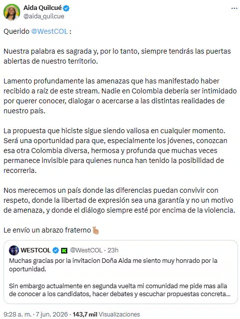 Aída Quilcué condenó intimidaciones contra Westcol y defendió el diálogo intercultural - crédito @aida_quilcue/X
