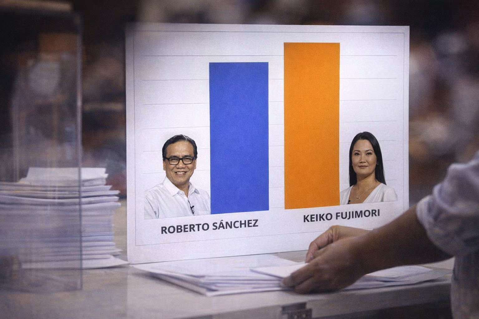 Un gráfico de barras muestra la ventaja consistente de Keiko Fujimori sobre Roberto Sánchez en el conteo de votos de las elecciones presidenciales, con manos procesando documentos en primer plano. (Imagen Ilustrativa Infobae)