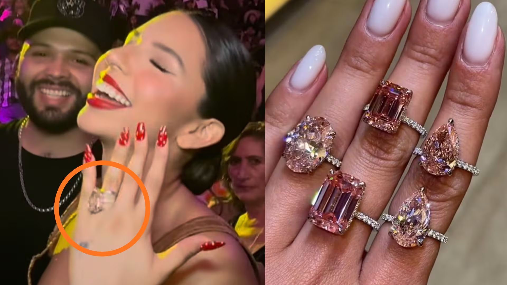 Alex Rodríguez reveló en Siéntese Quien Pueda que fuentes cercanas a Ángela Aguilar confirmaron que el anillo de oro rosa con diamantes que lució la cantante en la Plaza de Toros Monumental México habría sido un regalo de Christian Nodal por su segundo aniversario de boda. (@lamonumentalmexico / @pristine)