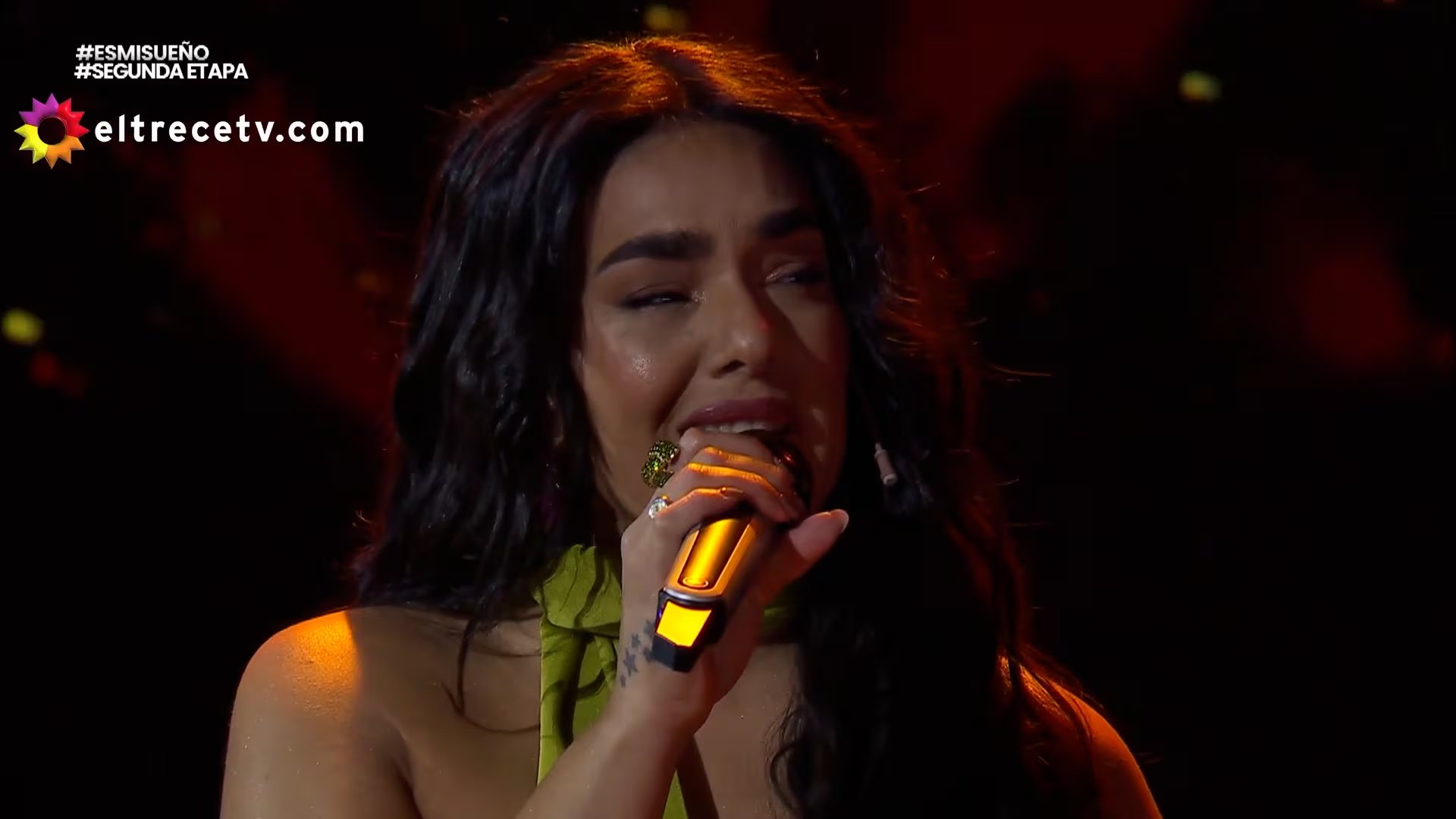 La cantante Performance M ofrece una emotiva interpretación en el escenario, mostrando una profunda conexión con su música y el público.