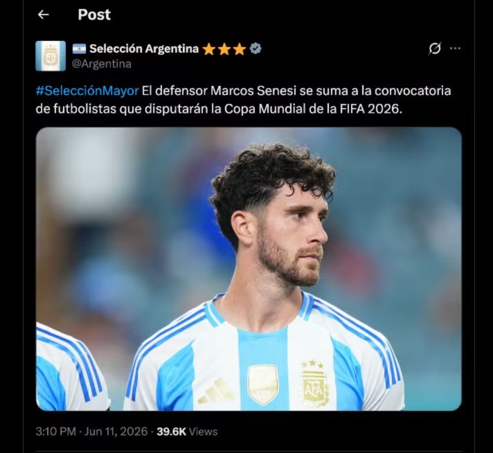 Argentina informó la convocatoria de Senesi para el Mundial