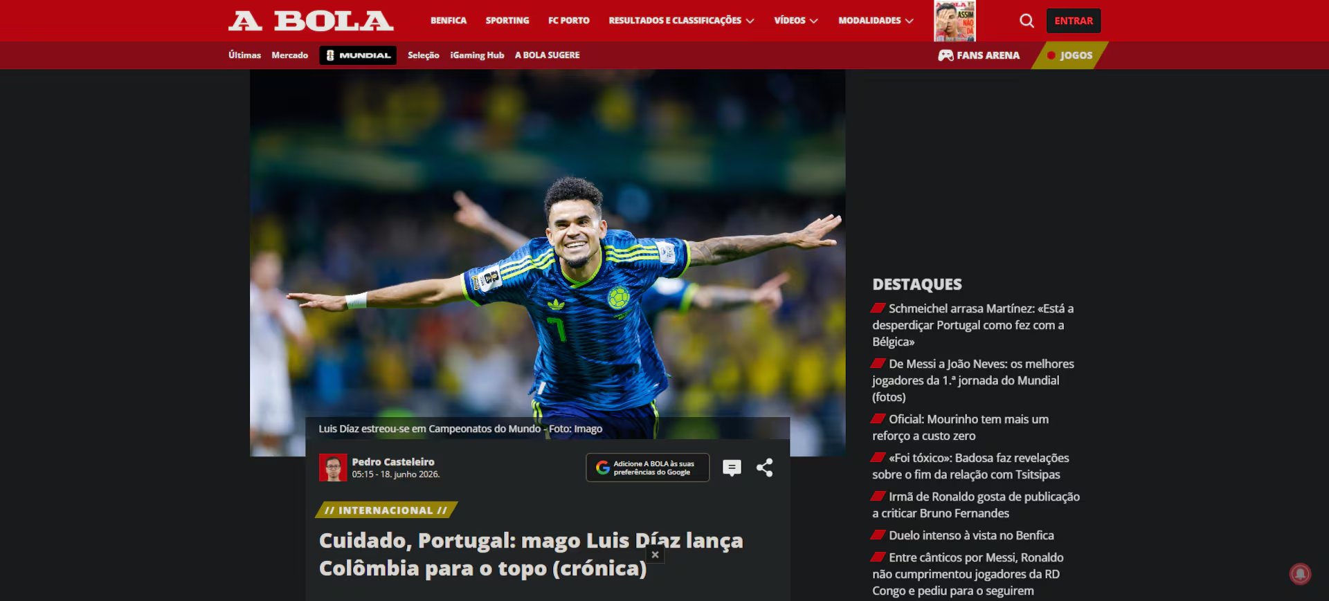 El diario portugués reseñó la gran actuación de Luis Díaz en el segundo gol del cuadro 