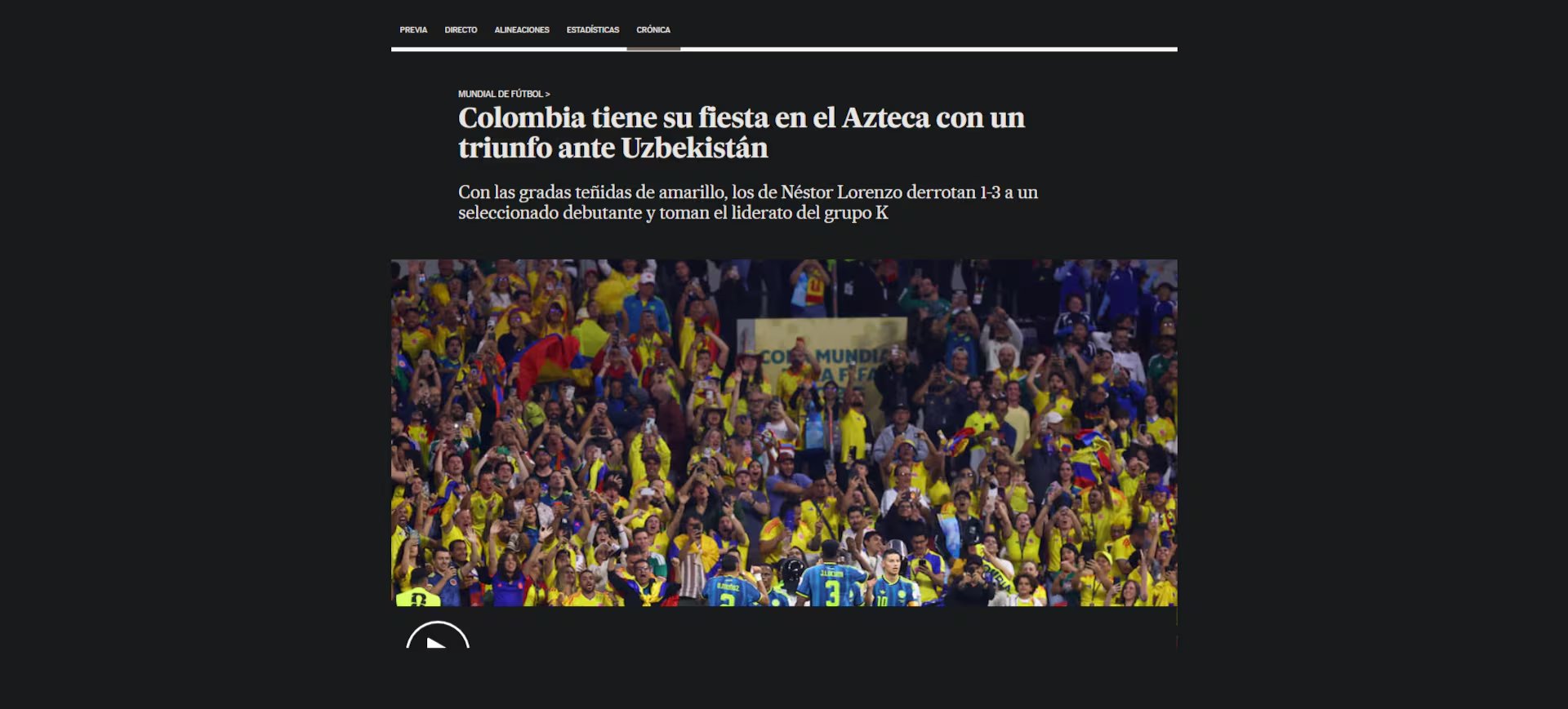 Otro de los diarios más importantes del mundo destacó la victoria de Colombia de la siguiente forma-crédito El País de España