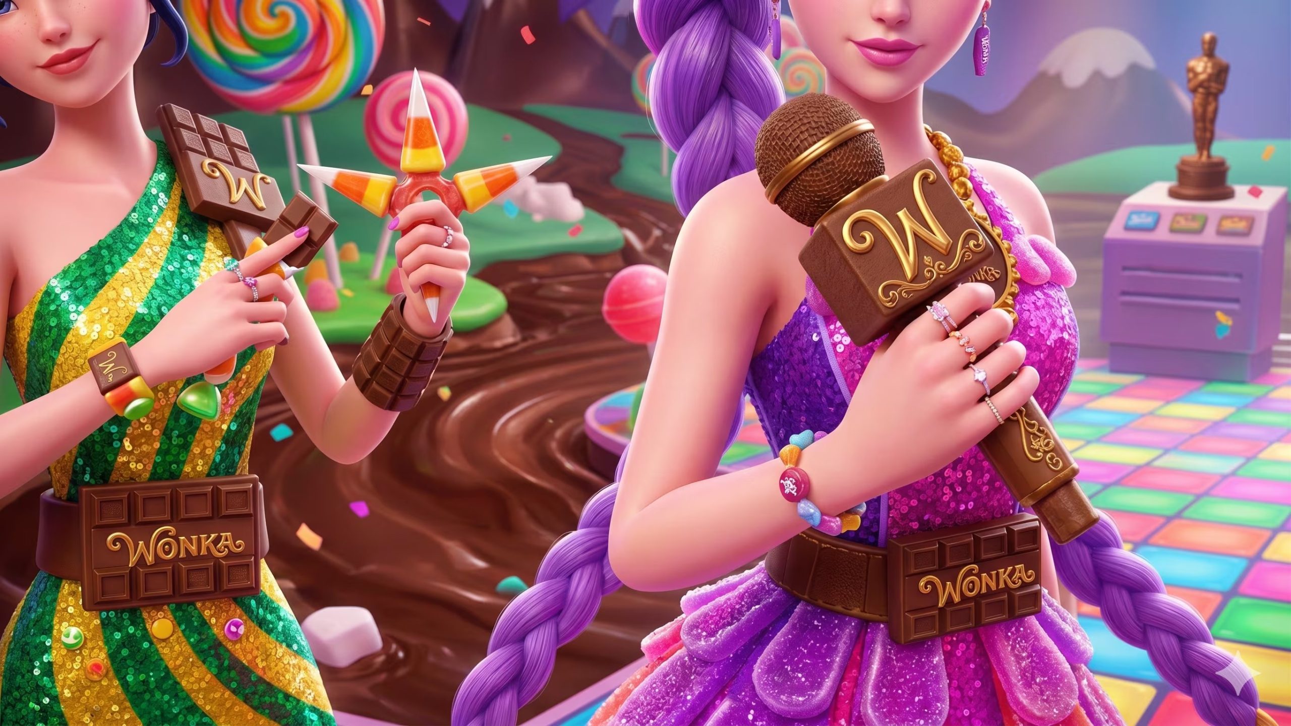 Los micrófonos de chocolate refuerzan la idea de que todo en este mundo puede ser tanto parte de un show como de una fantasía comestible. 

(Gemini)