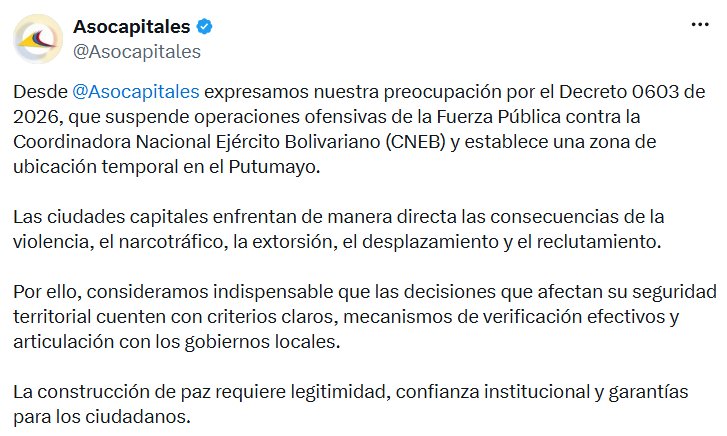 La asociación pidió mecanismos de verificación, coordinación con autoridades locales y garantías para la seguridad de los territorios. - crédito @Asocapitales/X