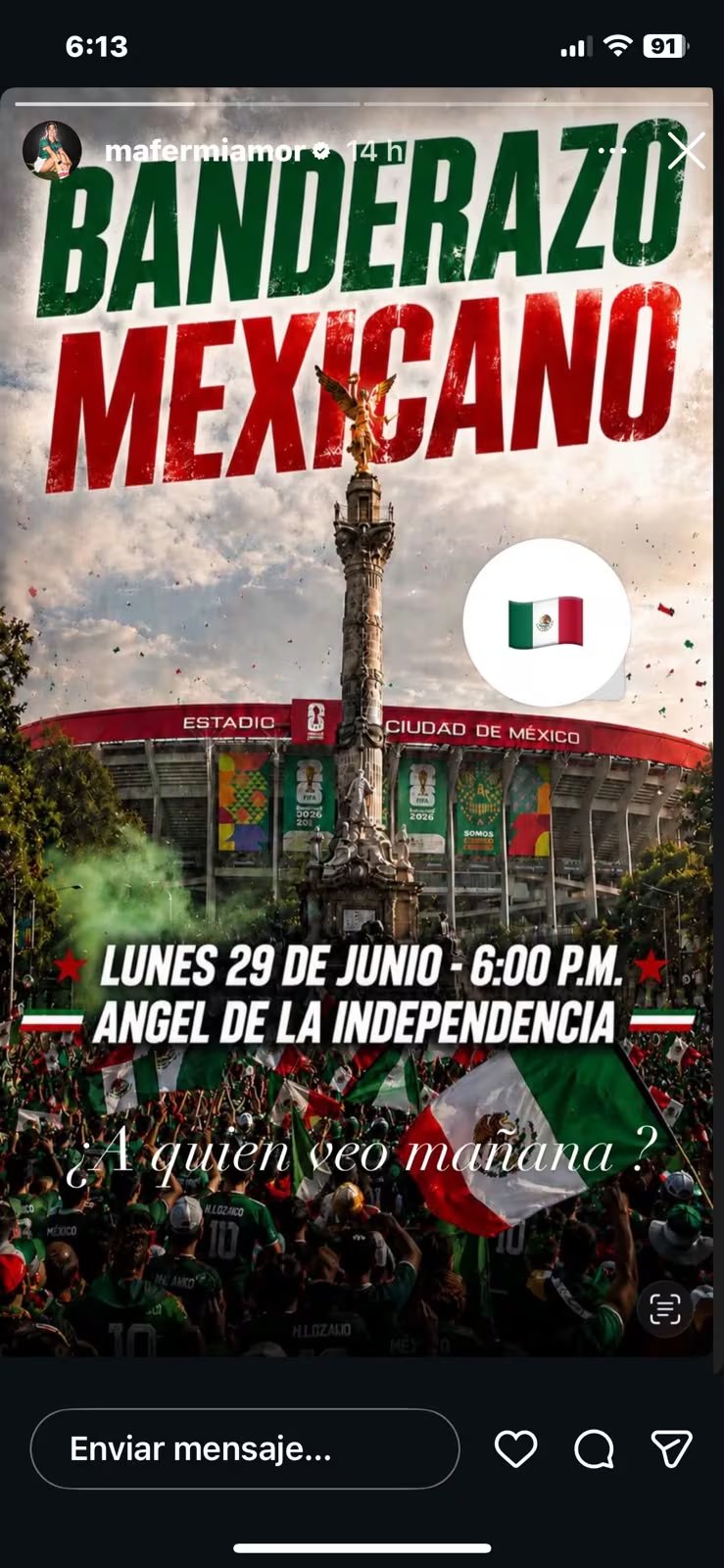 La convocatoria para un nuevo banderazo en el Ángel de la Independencia reunirá este 29 de junio a cientos de aficionados previo al partido entre la Selección Mexicana y Ecuador, correspondiente a los dieciseisavos de final del Mundial 2026.