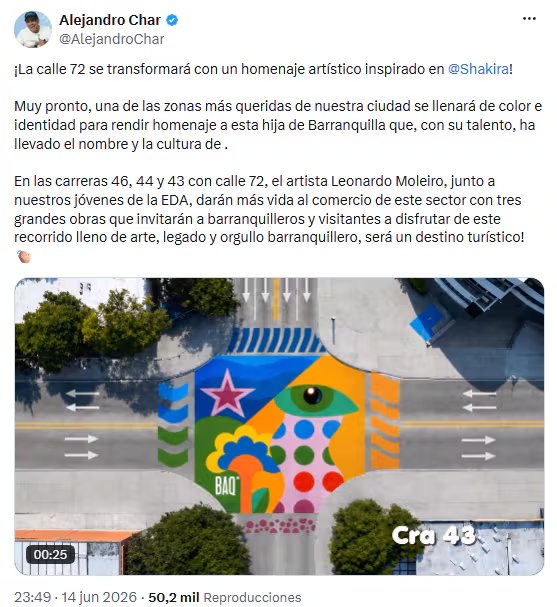 Alex Char, alcalde de Barranquilla, confirmó el siguiente paso en la remodelación de la Avenida Shakira - crédito @AlejandroChar/X