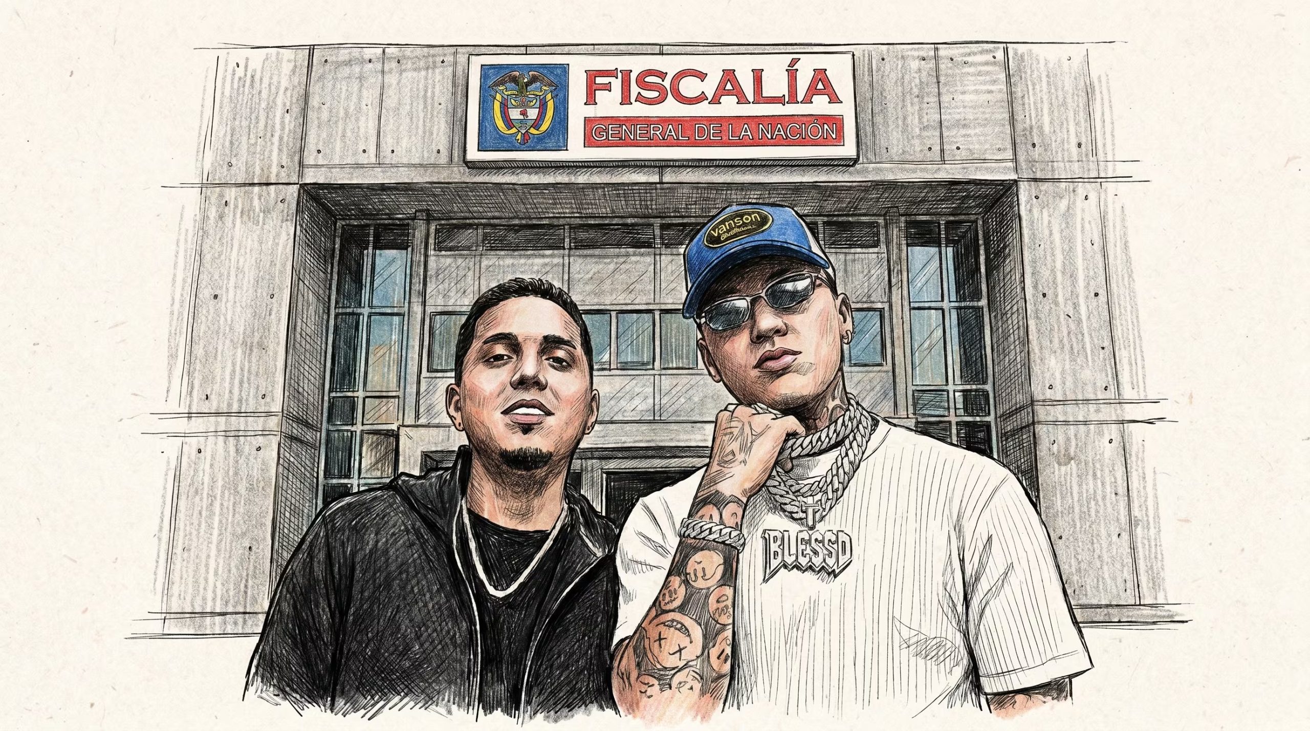 Una ilustración muestra al cantante Blessd y a su mánager Dímelo Jara posando seriamente ante la imponente fachada de la Fiscalía General de la Nación de Colombia. (Imagen Ilustrativa Infobae)