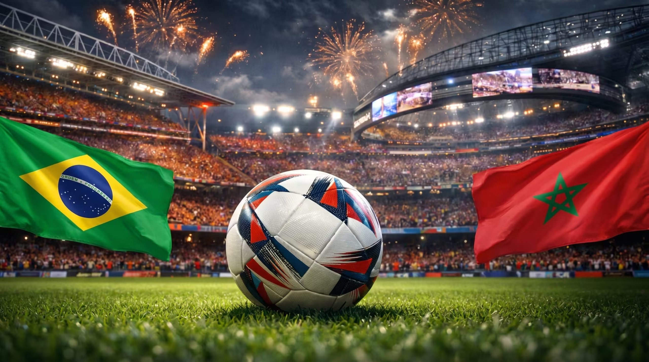 Un balón de fútbol descansa en el césped de un estadio vibrante, flanqueado por las banderas de Brasil y Marruecos, con fuegos artificiales iluminando el cielo nocturno sobre una multitud eufórica. (Imagen Ilustrativa Infobae)