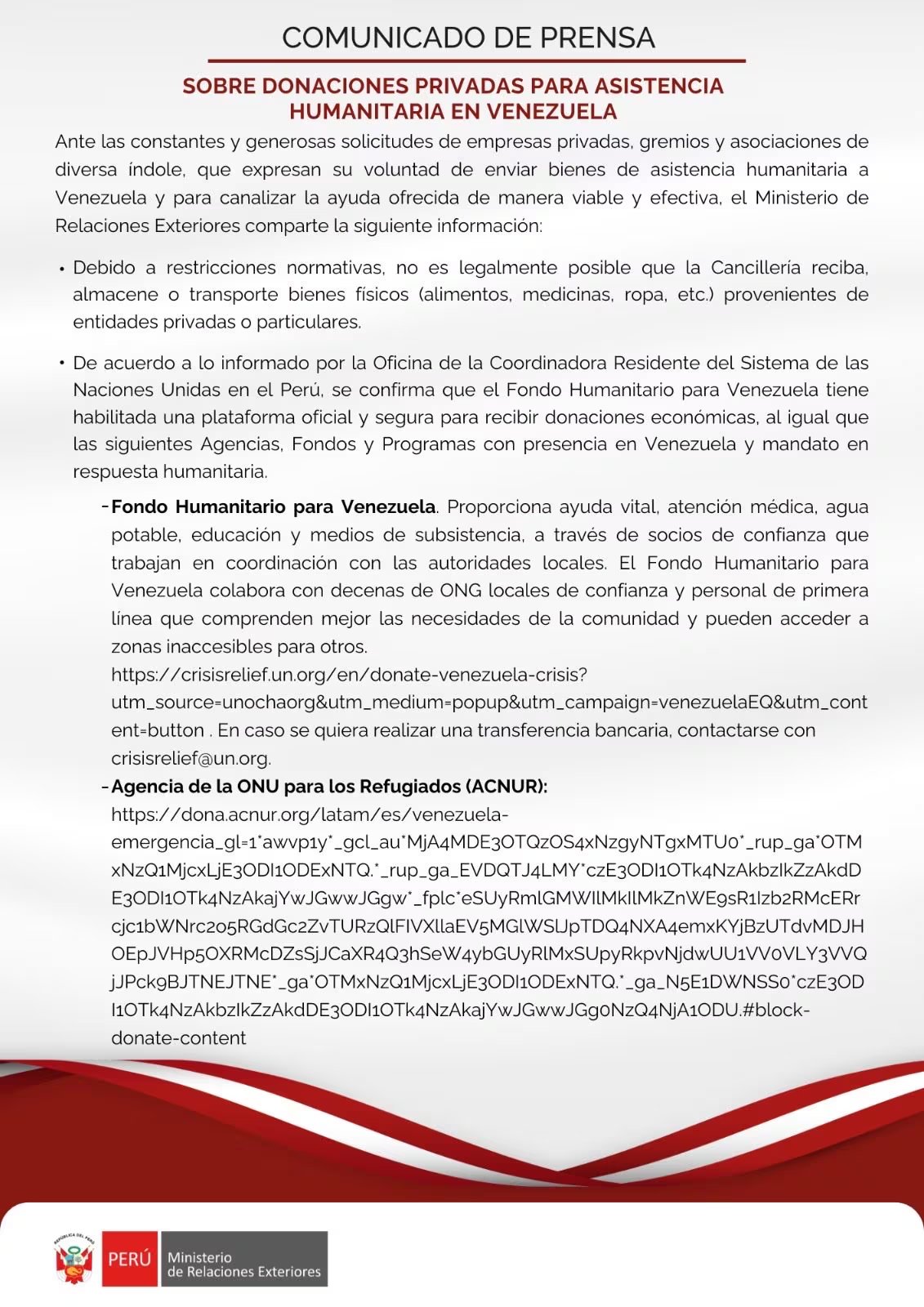 Ante la imposibilidad legal de recibir bienes físicos, el gobierno peruano recomienda canalizar la solidaridad a través de mecanismos económicos gestionados por la ONU y otras agencias especializadas| Cancillería