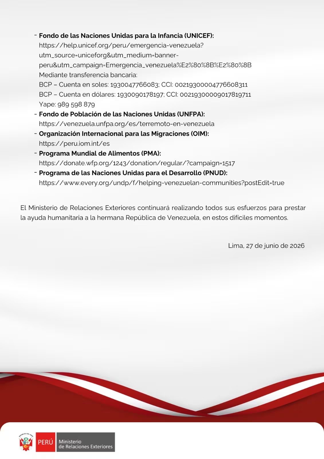 Las autoridades peruanas orientan a empresas y ciudadanos a utilizar plataformas oficiales de Naciones Unidas y organismos internacionales| Cancillería
