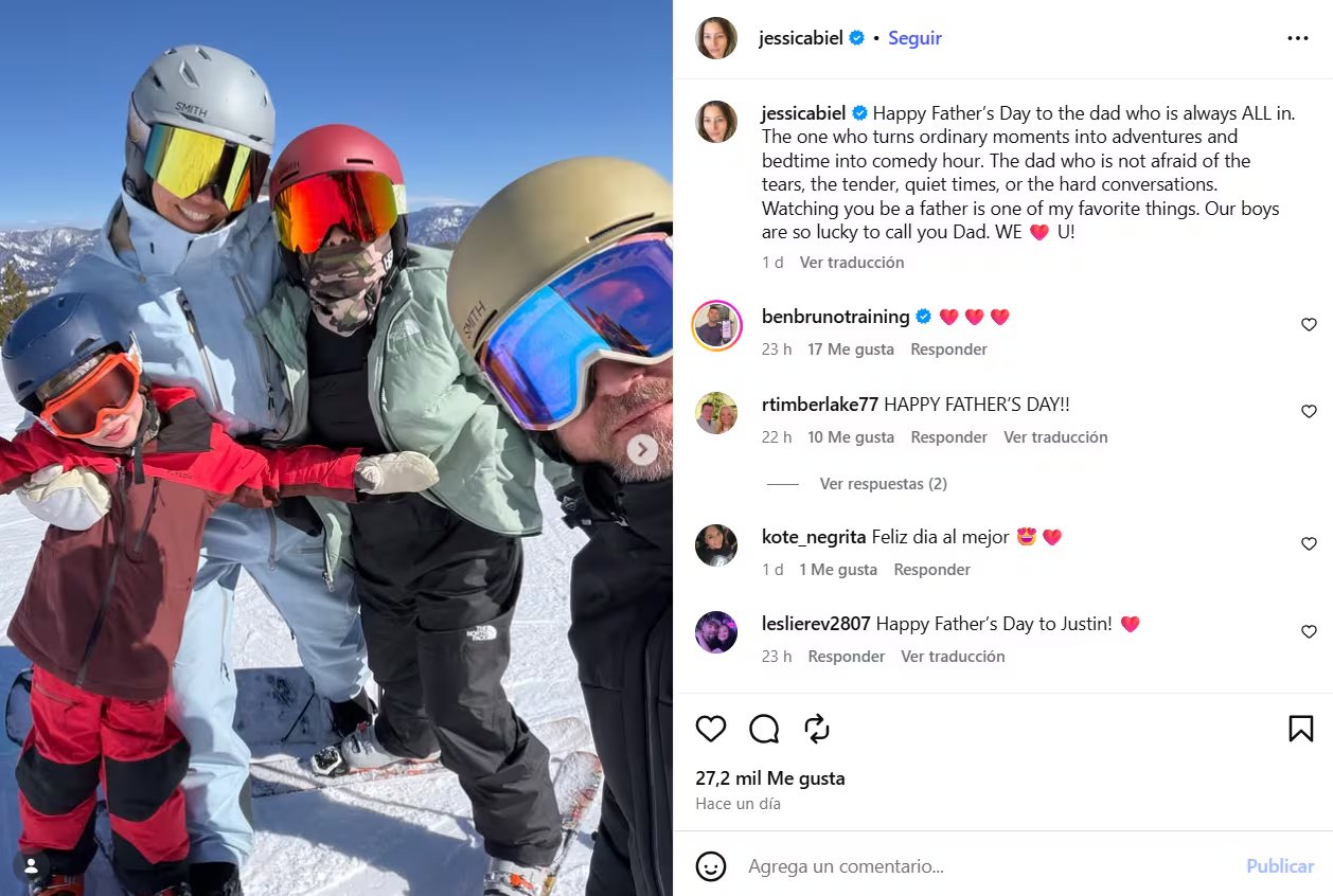 Jessica Biel celebró a Justin Timberlake con una fotografía familiar en la nieve y un mensaje sobre su rol como padre de sus hijos Silas y Phineas (Instagram)