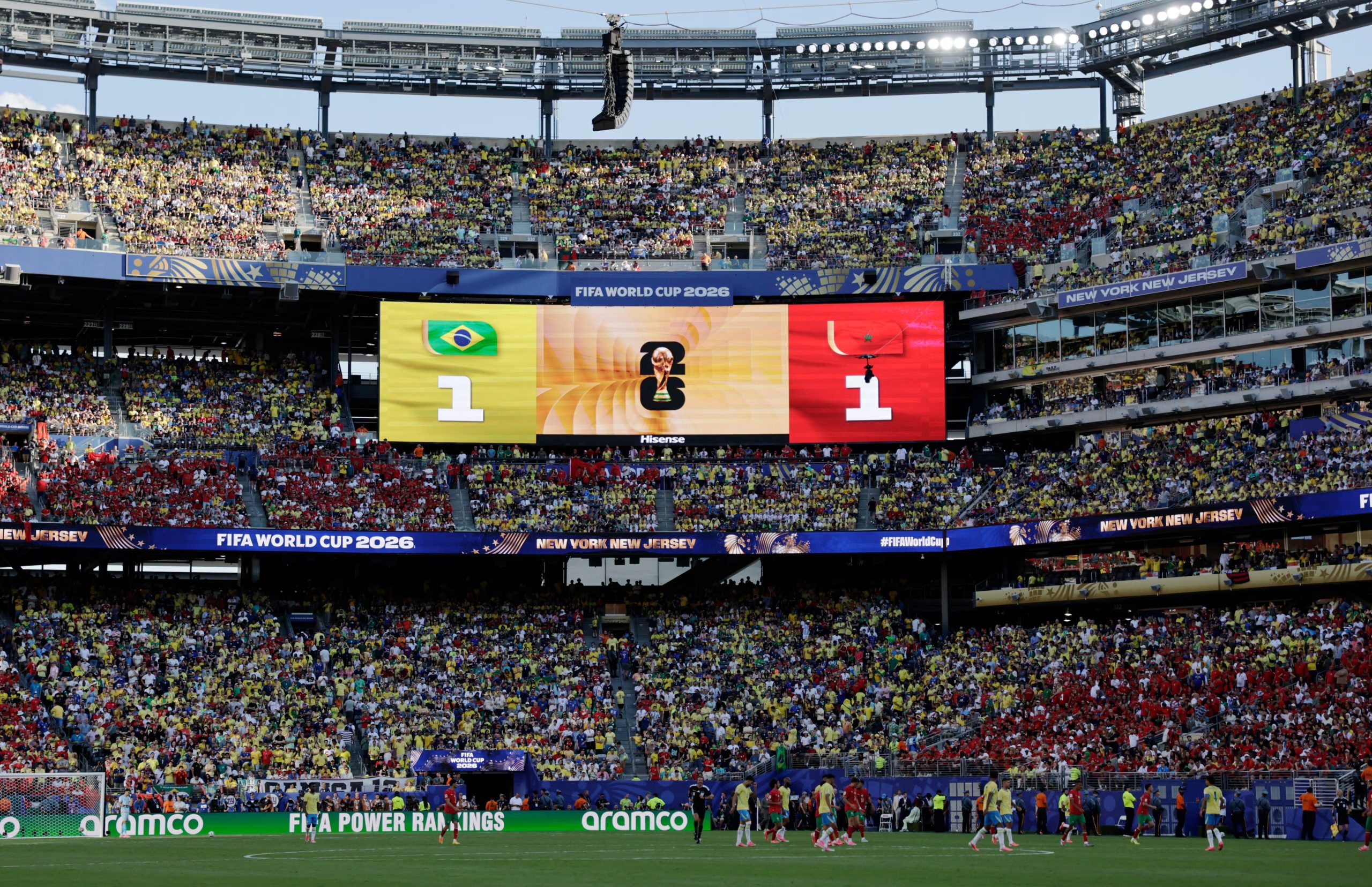 Soccer Football - FIFA World Cup 2026 - Group C - Brazil v Morocco - New York/New Jersey Stadium, East Rutherford, New Jersey, U.S. - June 13, 2026 General view as a big screen displays the score at half time REUTERS/Jeenah Moon