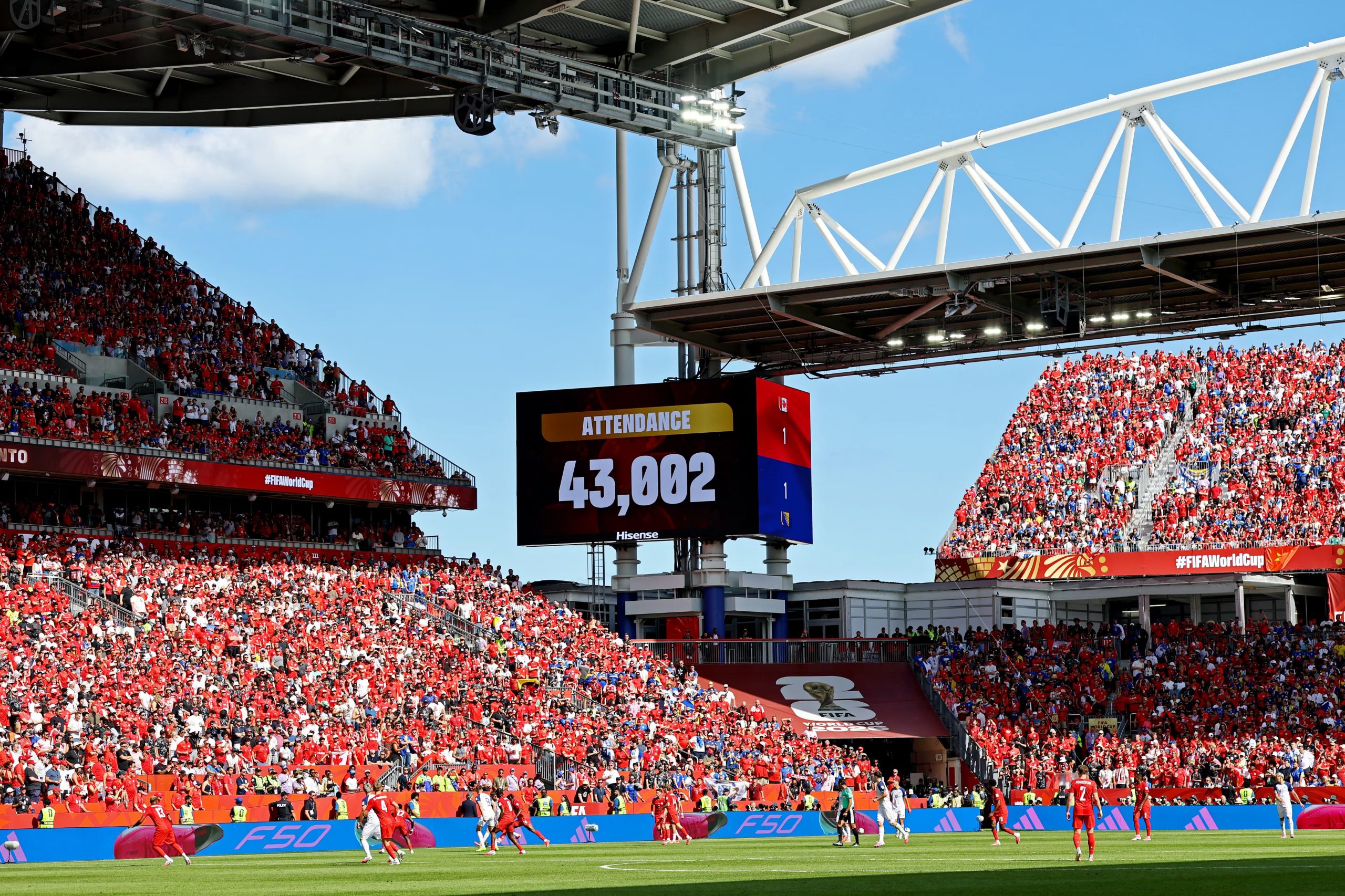 Soccer Football - FIFA World Cup 2026 - Group B - Canada v Bosnia and Herzegovina - Toronto Stadium, Toronto, Canada - June 12, 2026 A big screen displays the match attendance REUTERS/Bernadett Szabo
