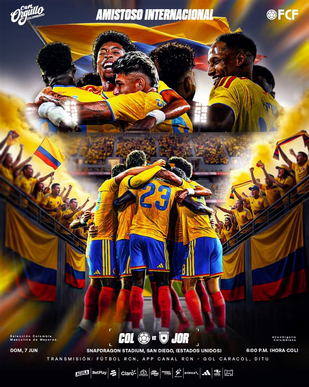 La Federación Colombiana de Fútbol mostró a los jugadores unidos en un abrazo en el afiche donde anuncia el partido contra Jordania - crédito FCF