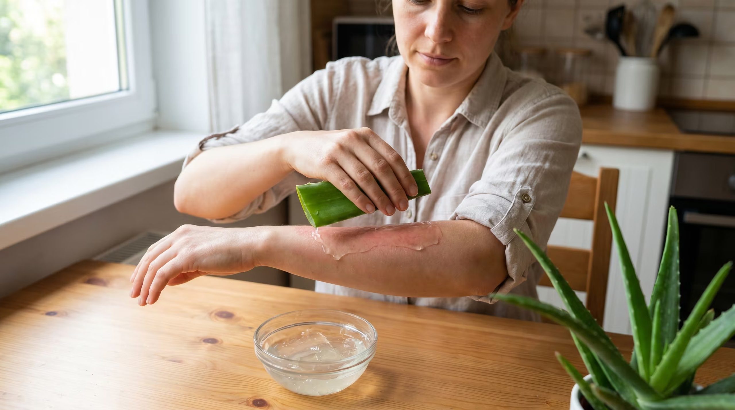 Una persona aplica gel fresco de sábila directamente sobre una quemadura superficial en su brazo, utilizando la planta para aliviar el dolor y promover la cicatrización natural de la piel. (Imagen Ilustrativa Infobae)