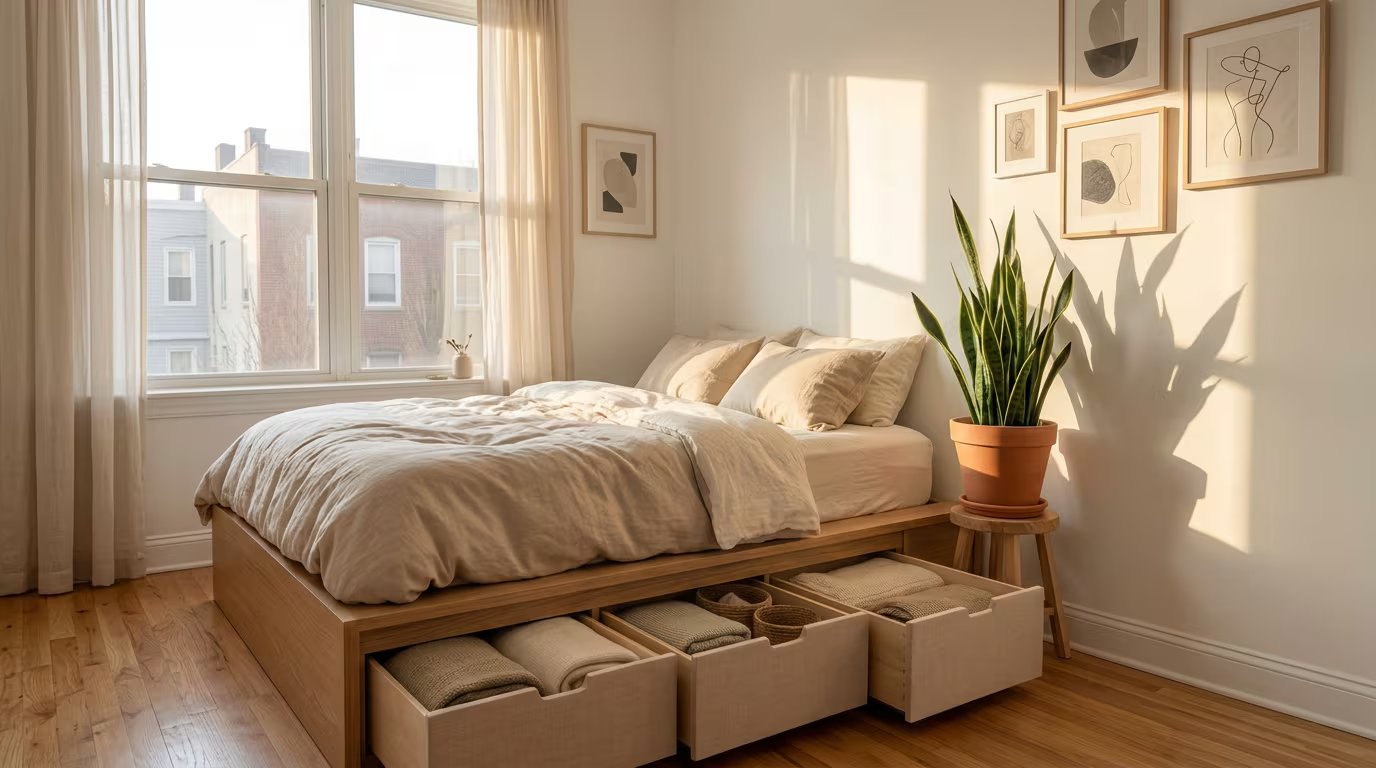 Bajá la cama: una cama de plataforma baja hace que el techo se vea más alto y si tiene cajones en la base, te olvidás de la cómoda