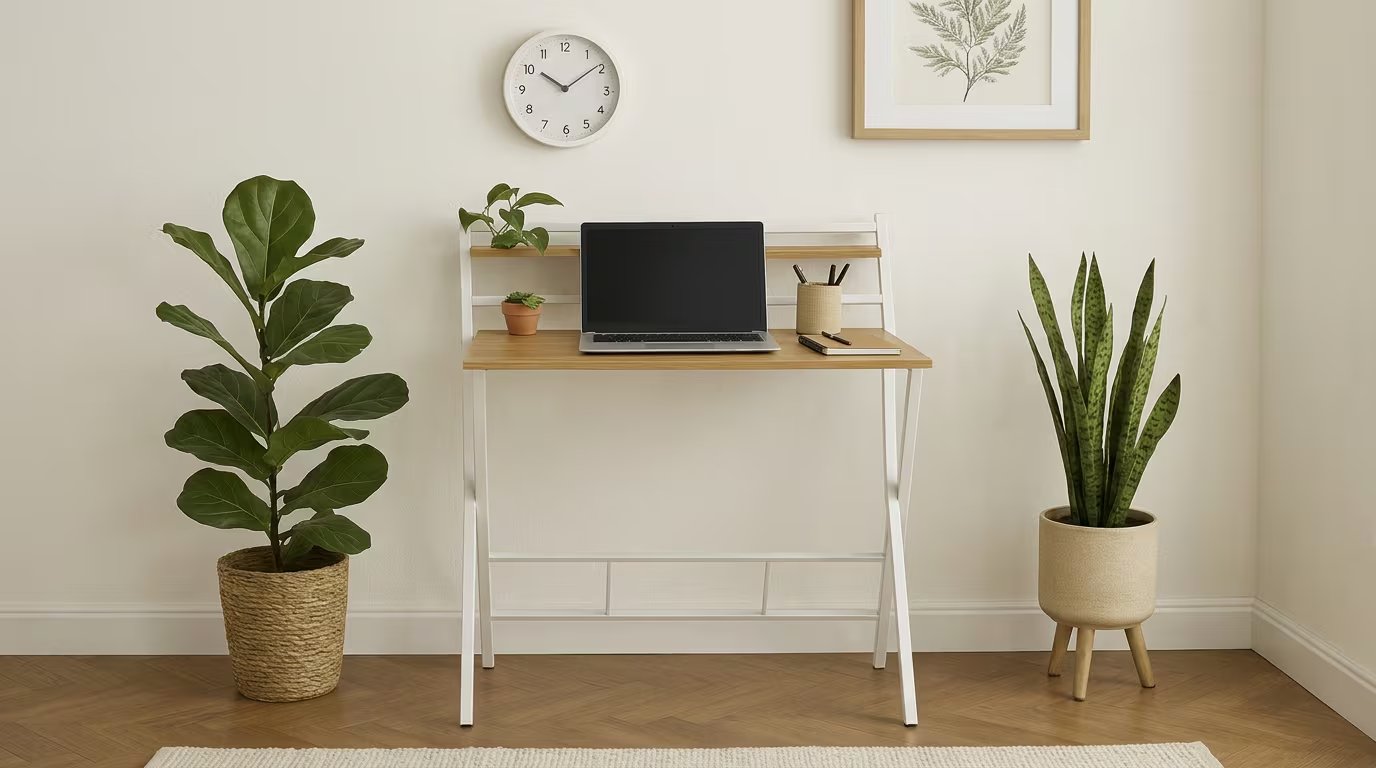 Home office en espacios compactos: escritorio plegable, luces a 5.000 K y una planta que baja el cortisol sin ser adorno 