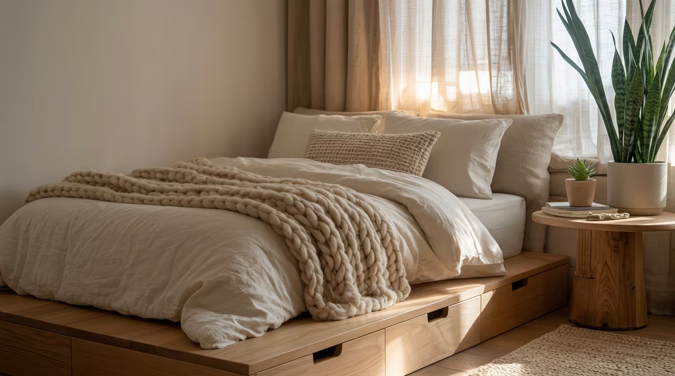 En el dormitorio, una cama baja con guardado es sinónimo de ahorrar espacio