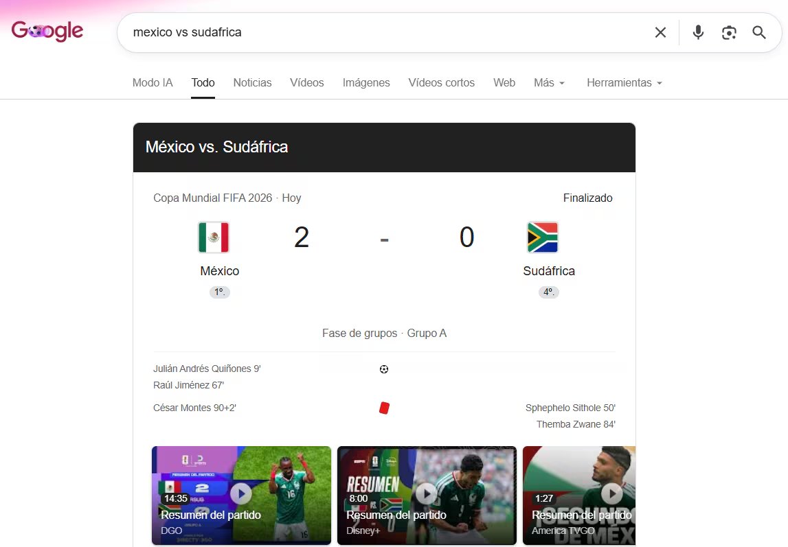 Este panel ofrece resúmenes en video de los goles más recientes, estadísticas detalladas al minuto y más.
(Captura Google)