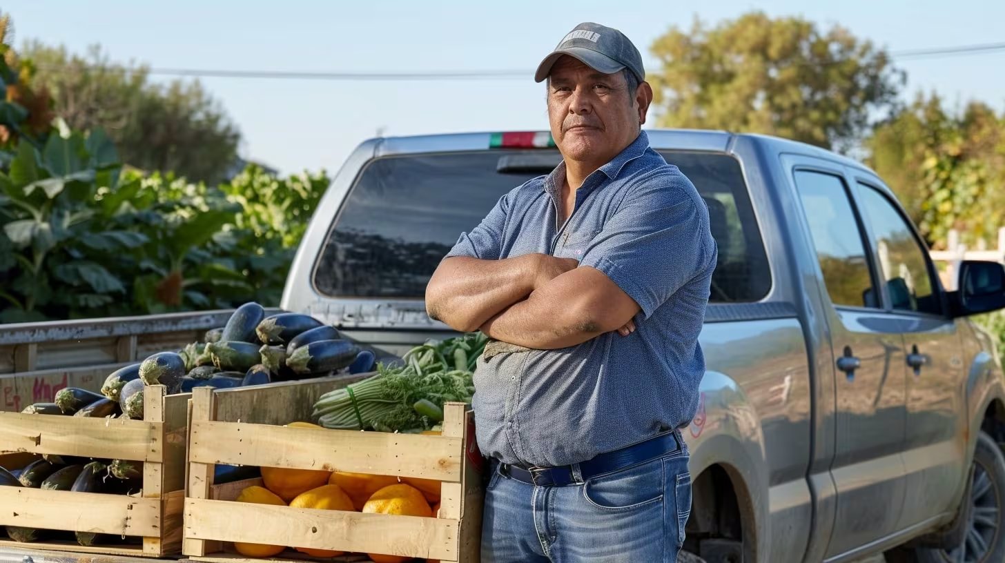 personas, cajas de verdura, paquetes, camioneta pickup, carga, transporte, agricultura, mercado, alimentos frescos, trabajadores, logística, distribución, campo, cosecha, recolección - VisualesIA