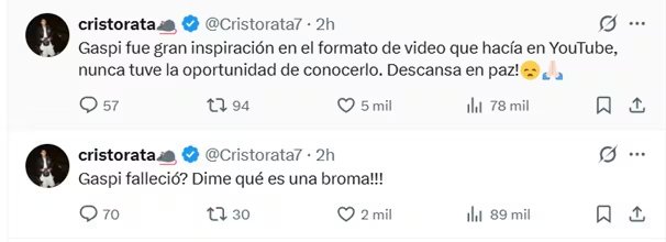 Cristorata escribió dos mensajes tras conocerse la muerte de Gaspi: primero de incredulidad y luego de despedida.