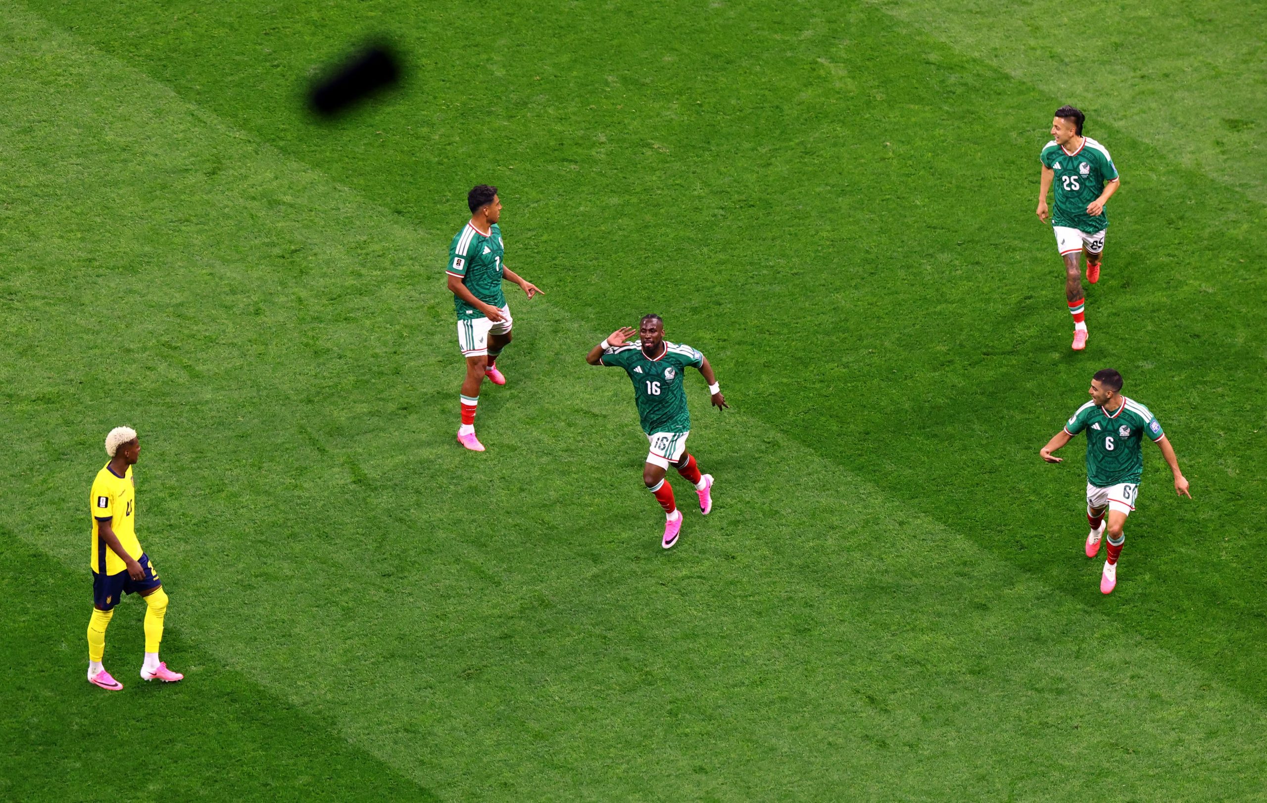 Soccer Football - FIFA World Cup 2026 - Round of 32 - Mexico v Ecuador - Estadio Azteca, Mexico City, Mexico - June 30, 2026 Mexico's Julian Quinones celebrates scoring their first goal REUTERS/Henry Romero