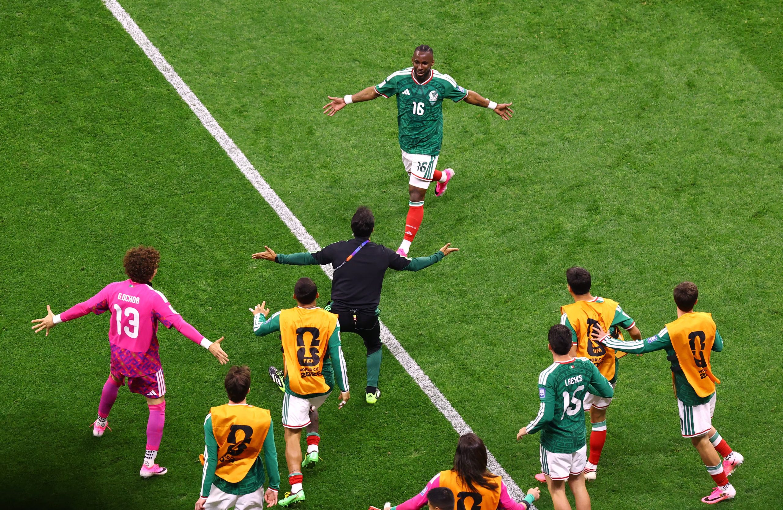 Soccer Football - FIFA World Cup 2026 - Round of 32 - Mexico v Ecuador - Estadio Azteca, Mexico City, Mexico - June 30, 2026 Mexico's Julian Quinones celebrates scoring their first goal with teammates REUTERS/Henry Romero