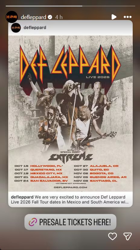 Def Leppard encabezará una serie de espectáculos durante octubre de 2025 en México y Sudamérica, con Extreme como invitado especial en todas las fechas programadas. (Instagram: Def Leppard)