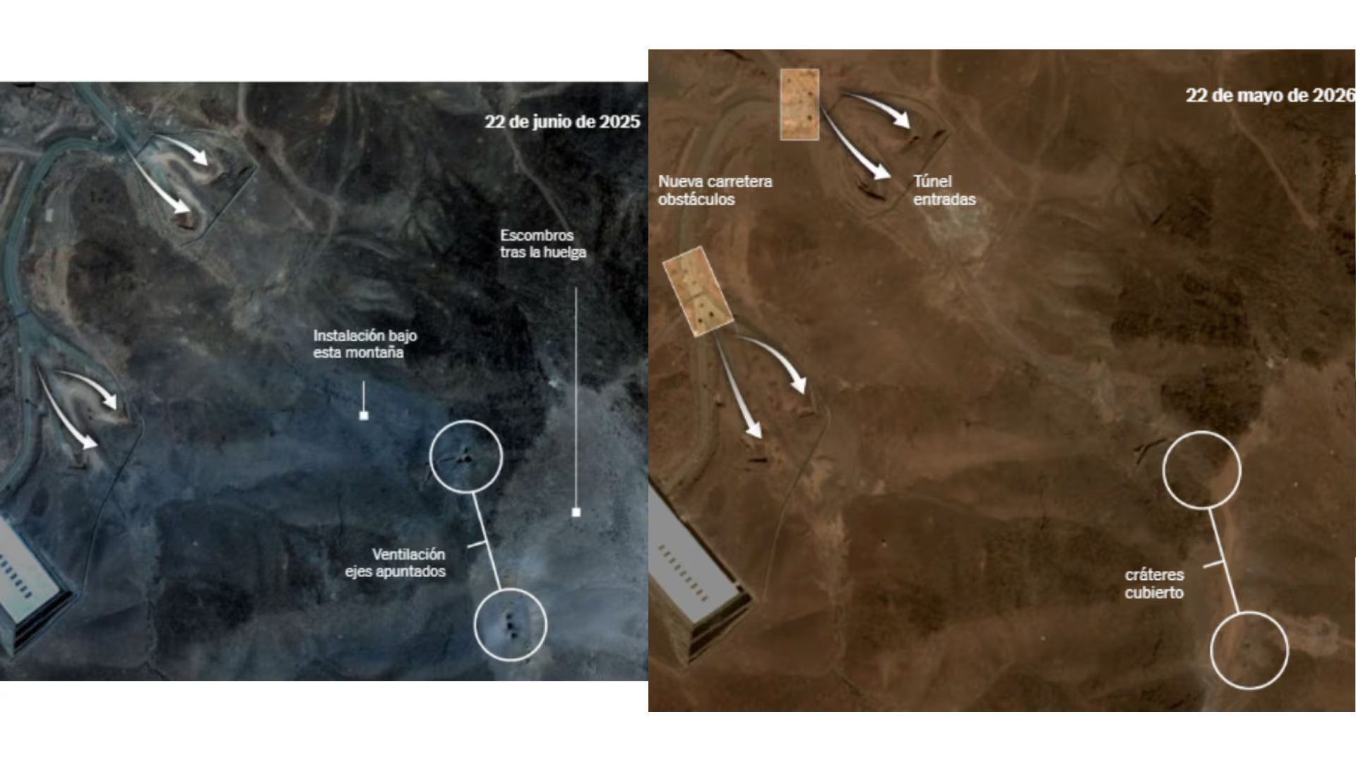 Fuentes: Instituto para la Ciencia y la Seguridad Internacional; Departamento de Defensa de EE. UU.; análisis del Times de imágenes satelitales de Vantor (2025) y Airbus (2026). The New York Times