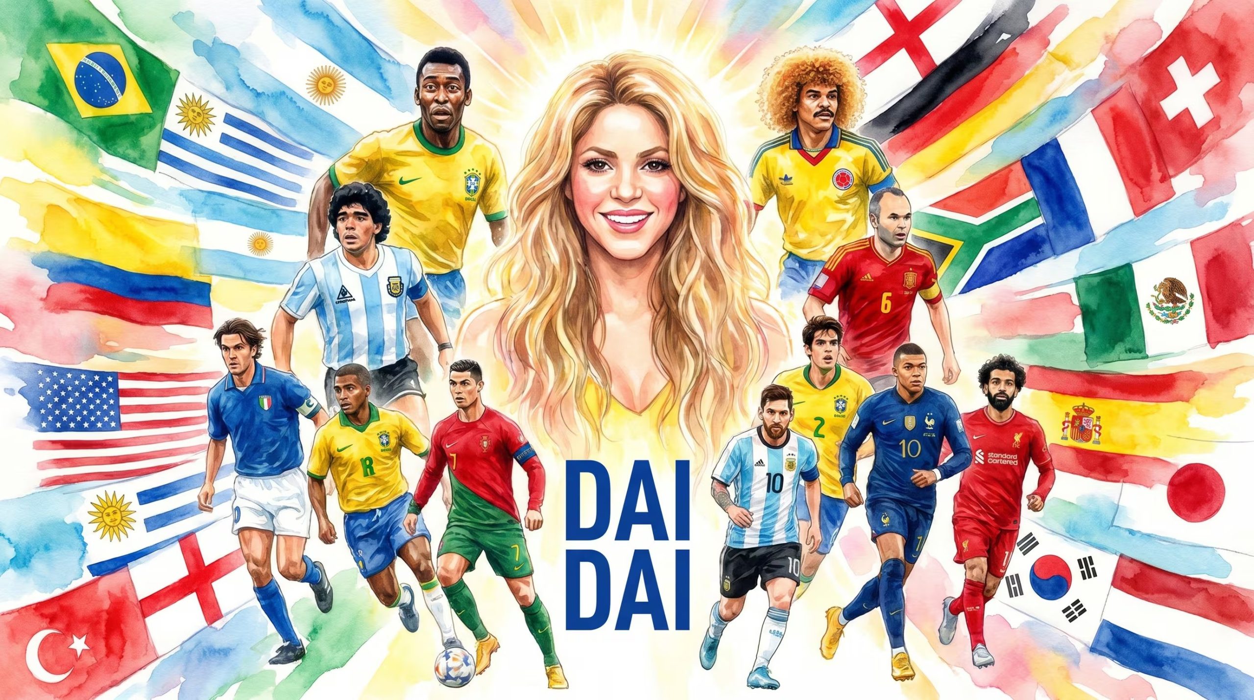 La icónica cantante Shakira se une a doce leyendas del fútbol mundial, incluyendo a Pelé, Maradona y Messi, en una evocadora obra de arte en acuarela que celebra la pasión y la unión global del deporte. (Imagen Ilustrativa Infobae)
